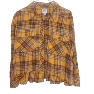 BDG Urban Outfitters Oversized Hi-Lo Flannel Gold & Blue Plaid Size M VG…